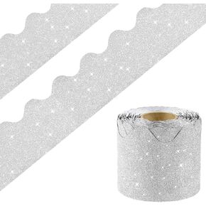 DMJUNCONG 68.9 Feet Silver Glitter Bulletin Board Border Scalloped Bulletin Board Trim for Classroom Decoration,Bedroom Wall Decoration,Home Decoration,Birthday Party Decorations