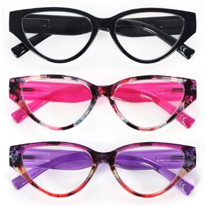 MMOWW 3 Pack Fashion Cateye Reading Glasses for Women Stylish Blue Light Blocking Readers Spring Hinges