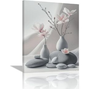 Modern Bathroom Pictures Wall Decor Zen Flowers Paintings Canvas Black and White Wall Art Pebble Stone Spa Artwork Grey Blush Decorations for Meditation Spiritual Yoga Bedroom Living Room 12"x16"
