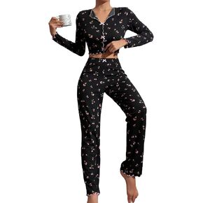 COZYEASE Women's 2 Piece Floral Print Lettuce Trim Pajama Set Bow Front Tee Elastic Waist Pants Lounge Sets