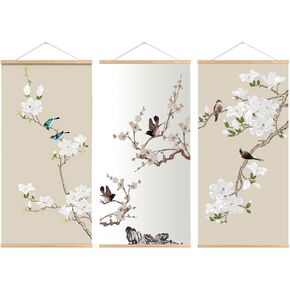 Bocnity Asian Wall Art, 3 Pack Fixed Wooden Hanging Scroll Set Lotus Wooden Hanging Scroll Chinese Traditional Wall Art Wall Art traditional Ink Decor for Living Room
