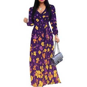 PinkPatty Women's Long Sleeves V Neck Maxi Dresses Flowy Party Wedding Guest Dress with Belted