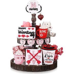 Patelai 10 Pcs Valentine's Day Tiered Tray Decorations Set Wooden Valentine's Day Table Signs Love Heart Farmhouse Valentine Tiered Tray Decor for Home Tabletop Valentine's Day Decor