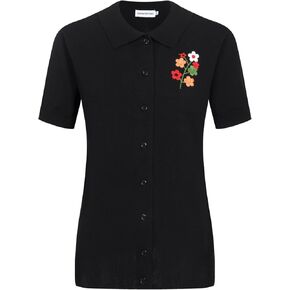 OXKnit Women's Black Knit Poloshirts Short Sleeve, 1960s Retro Floral Pattern Casual Tops with Botton