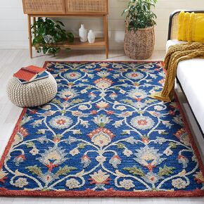 SAFAVIEH Blossom Collection Area Rug - 5' x 8', Blue & Rust, Handmade Floral Wool, Ideal for High Traffic Areas in Living Room, Bedroom (BLM562M)