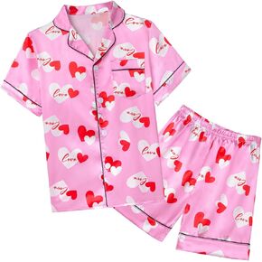 Nidoul Satin Pajamas for Girls Short Sleeve Button Down Silky Pjs Girls' Sleepwear Set for Toddler Kids 3T-10Y