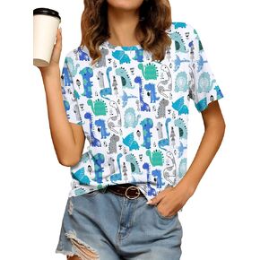 RMCMS Dinosaur Shirts Women Cute 3D Dinosaur Graphic Party Casual Loose Fit Short Sleeve T-Shirt Tee Gift for Mom Top