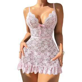 Sexy Mini Bow Ruffle Lace Floral Sheer Bodycon Babydoll Lingerie Dress with Thong 2 Piece Women