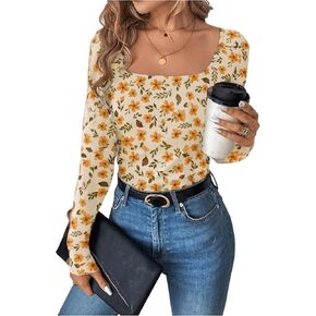 GORGLITTER Women's Floral Graphic Tee Top Long Sleeve Tops Square Neck Fall T Shirts