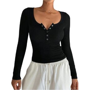 SOLY HUX Women's Long Sleeve T-Shirt Half Button Down Henley Shirts Scoop Neck Fitted Crop Tee Tops
