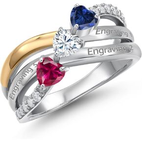 Gem Stone King 925 Sterling Silver and 10K Yellow Gold Customized and Personalized Engraved 3-Stone Heart Shape Gemstone Birthstone and White Lab Grown Diamond Name Ring For Women