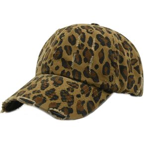 Leopard Print Baseball Cap for Women Vintage Washed Distressed Adjustable Trucker Hat
