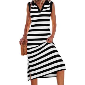 AlvaQ Womens Summer Dresses 2025 V Neck Sleeveless Casual Spring Cute Beach Striped Split Maxi Sundress with Pockets