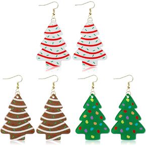 Christmas Tree Cake Earrings - Xmas Tree Earrings Dangle for Women, Christmas Jewelry Funky Acrylic Charms, Holiday Funny Dangling Drop Accessories Bulk for Stocking Stuffers Fun Gift (3 Pairs)