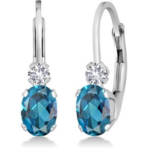 Gem Stone King 14K White Gold London Blue Topaz and White Created Sapphire Leverback Earrings For Women | 1.08 Cttw | Gemstone November Birthstone | Oval 6X4MM, Round 2MM | 3/4 Inch