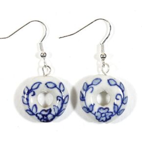 Blue Delft Rings, Blue and White Porcelain Earrings, Dangle 1.25 Inches