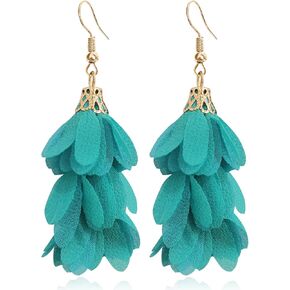 Handmade Bohemian Chic Long Fabric Flower Tassel Dangle Drop Earrings Cute Lightweight Floral Petals Earring for Women Statement Christmas Birthday Wedding Party Gifts