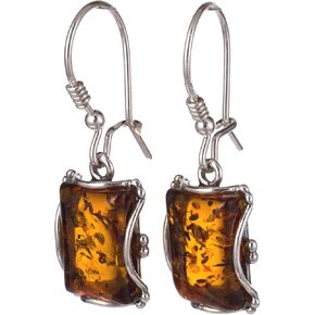 Amber Jewelry for Women - Sterling Silver and Baltic Amber Kidney Hook Honey Amber Rectangle Earrings, Gemstone Dangle Earrings - Sterling Silver Jewelry Collection