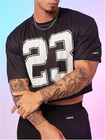 GORGLITTER Men's Number Print Short Sleeve Crop Tops Crewneck T Shirts Streetwear in Saudi Arabia