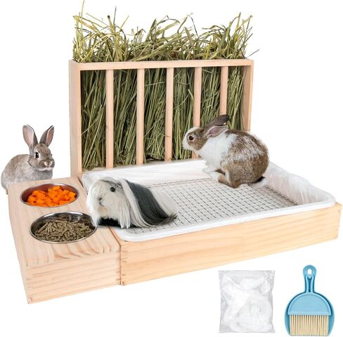 3 in 1 Rabbit Hay Feeder with Litter Box,Wooden Hay Feeder with 2 Bowls & Litter Box for Guinea Pig Chinchilla Bunny Other Small Animals,Large Capacity & Preventing Waste in Kuwait