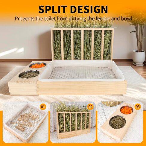3 in 1 Rabbit Hay Feeder with Litter Box,Wooden Hay Feeder with 2 Bowls & Litter Box for Guinea Pig Chinchilla Bunny Other Small Animals,Large Capacity & Preventing Waste in Kuwait