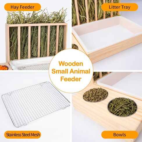 3 in 1 Rabbit Hay Feeder with Litter Box,Wooden Hay Feeder with 2 Bowls & Litter Box for Guinea Pig Chinchilla Bunny Other Small Animals,Large Capacity & Preventing Waste in Kuwait