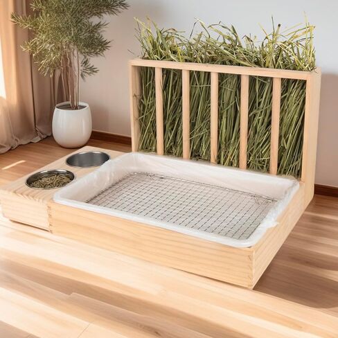 3 in 1 Rabbit Hay Feeder with Litter Box,Wooden Hay Feeder with 2 Bowls & Litter Box for Guinea Pig Chinchilla Bunny Other Small Animals,Large Capacity & Preventing Waste in Kuwait