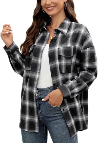 Womens Flannel Plaid Button Down Shirt Long Sleeve Casual Oversized Blouses Tops with Chest Pockets in Saudi Arabia