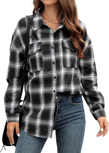 Womens Flannel Plaid Button Down Shirt Long Sleeve Casual Oversized Blouses Tops with Chest Pockets in Saudi Arabia