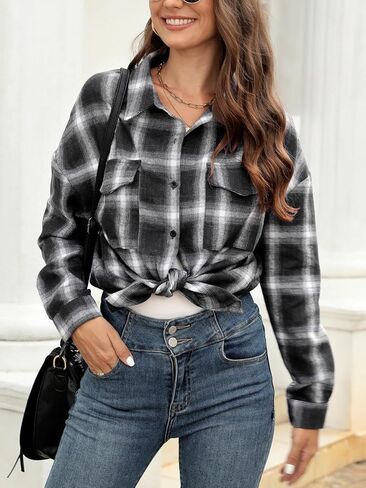 Womens Flannel Plaid Button Down Shirt Long Sleeve Casual Oversized Blouses Tops with Chest Pockets in Saudi Arabia