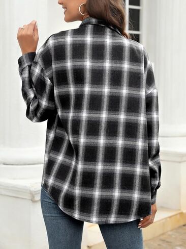 Womens Flannel Plaid Button Down Shirt Long Sleeve Casual Oversized Blouses Tops with Chest Pockets in Saudi Arabia