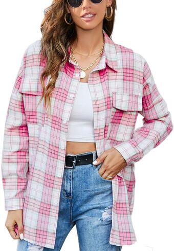Womens Flannel Plaid Button Down Shirt Long Sleeve Casual Oversized Blouses Tops with Chest Pockets in Saudi Arabia