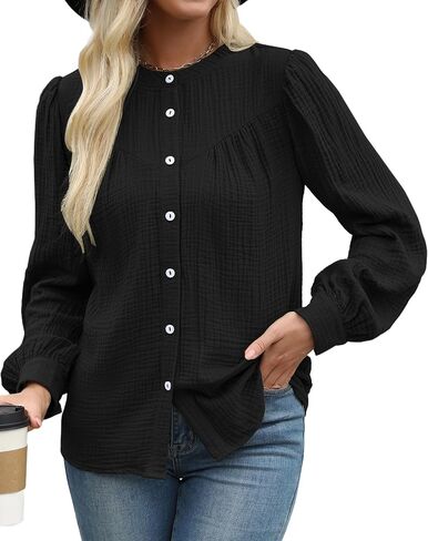 Women Button Down Shirts Long Sleeve Cotton Blouses Dressy Casual Button Up Shirt Tops Work Blouses Fall Fashion in Saudi Arabia