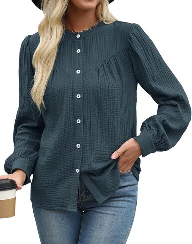 Women Button Down Shirts Long Sleeve Cotton Blouses Dressy Casual Button Up Shirt Tops Work Blouses Fall Fashion in Saudi Arabia