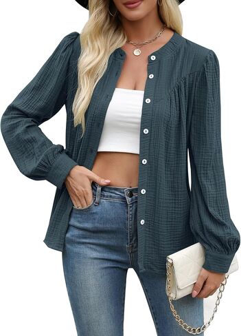 Women Button Down Shirts Long Sleeve Cotton Blouses Dressy Casual Button Up Shirt Tops Work Blouses Fall Fashion in Saudi Arabia