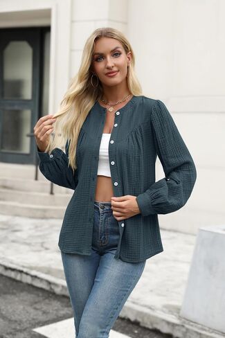 Women Button Down Shirts Long Sleeve Cotton Blouses Dressy Casual Button Up Shirt Tops Work Blouses Fall Fashion in Saudi Arabia