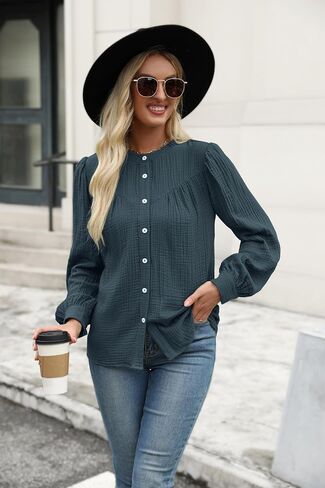Women Button Down Shirts Long Sleeve Cotton Blouses Dressy Casual Button Up Shirt Tops Work Blouses Fall Fashion in Saudi Arabia
