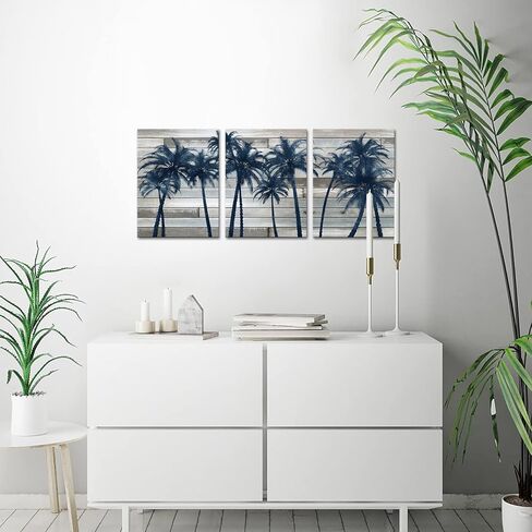 SkenoArt Tropical Palm Tree Canvas Wall Art Hawaii Picture Painting Navy Blue Plam Tree Rustic Artwork Home Kitchen Bathroom Bedroom Decoration Ready to Hang in Saudi Arabia