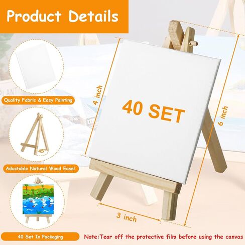 مجموعة من 40 قطعة قماش صغيرة وحامل، لوحات قماشية صغيرة مقاس 4 × 4 بوصة للرسم مع حوامل صغيرة، طقم طلاء قماشي لمستلزمات الحفلات الفنية، لوحات قماشية صغيرة وحامل خشبي لطلاء الأطفال in Kuwait