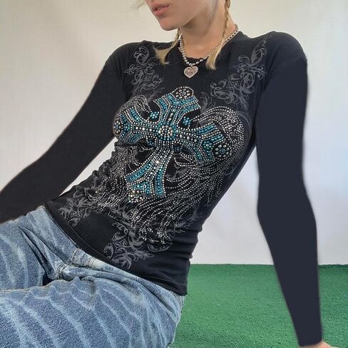 Lucakuins Women Y2k Graphic Long Sleeve Tee Shirt Fairy Grunge Aesthetic Shirts Fall Harajuku Teen Girl 90s Streetwear in Kuwait