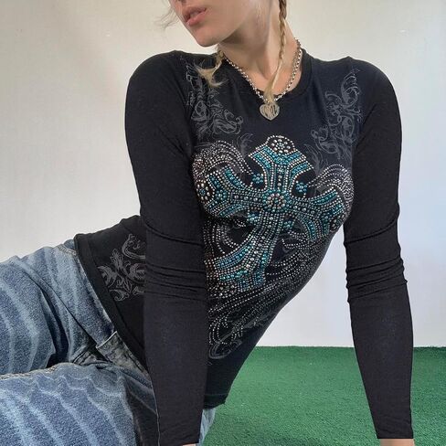 Lucakuins Women Y2k Graphic Long Sleeve Tee Shirt Fairy Grunge Aesthetic Shirts Fall Harajuku Teen Girl 90s Streetwear in Kuwait