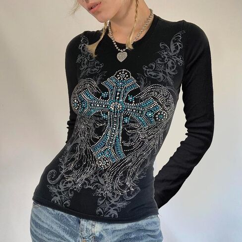 Lucakuins Women Y2k Graphic Long Sleeve Tee Shirt Fairy Grunge Aesthetic Shirts Fall Harajuku Teen Girl 90s Streetwear in Kuwait