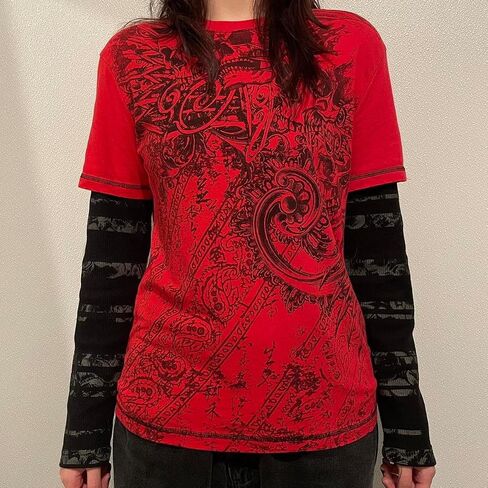 Lucakuins Women Y2k Graphic Long Sleeve Tee Shirt Fairy Grunge Aesthetic Shirts Fall Harajuku Teen Girl 90s Streetwear in Kuwait