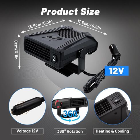 Portable Car Heater, Fast Heating Defrost Defogger Demister Heating/Cooling Fan, 360 °Rotatable Auto Windshield Defroster Plug in Cigarette Lighter for All Car Trucks SUV Jeeps Trailer in Saudi Arabia