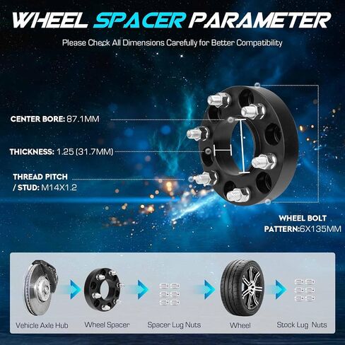 6x135mm 1.25 inch(31.75mm) Hubcentric Wheel Spacers 87.1mm Bore for 2004-2014 Ford F150 2WD 4WD & Expedition, M14x2 Studs 6 Lugs Wheel Adapters fits 2005-2014 Lincoln Mark LT & Navigator , Set of 4 in Saudi Arabia