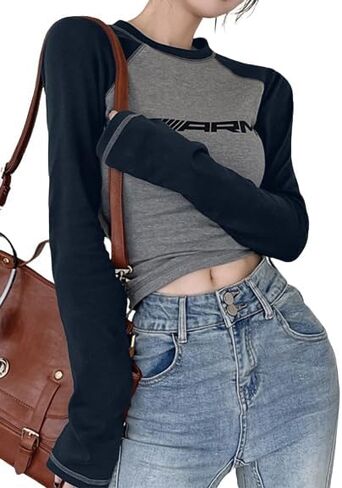 EMMIOL Raglan Tee for Women Y2k Clothing Going Out Tops Long Sleeve Ribbed Knit Crop Top Scoop Neck Tee Shirt Club Streetwear in Saudi Arabia