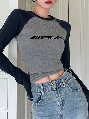EMMIOL Raglan Tee for Women Y2k Clothing Going Out Tops Long Sleeve Ribbed Knit Crop Top Scoop Neck Tee Shirt Club Streetwear in Saudi Arabia