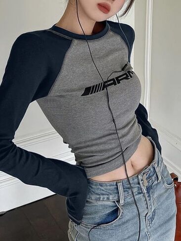 EMMIOL Raglan Tee for Women Y2k Clothing Going Out Tops Long Sleeve Ribbed Knit Crop Top Scoop Neck Tee Shirt Club Streetwear in Saudi Arabia