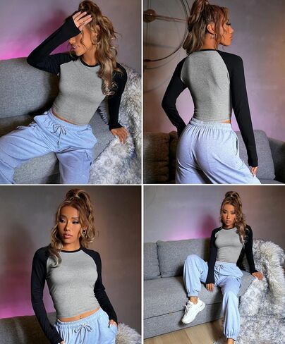 EMMIOL Raglan Tee for Women Y2k Clothing Going Out Tops Long Sleeve Ribbed Knit Crop Top Scoop Neck Tee Shirt Club Streetwear in Saudi Arabia