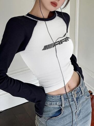 EMMIOL Raglan Tee for Women Y2k Clothing Going Out Tops Long Sleeve Ribbed Knit Crop Top Scoop Neck Tee Shirt Club Streetwear in Saudi Arabia